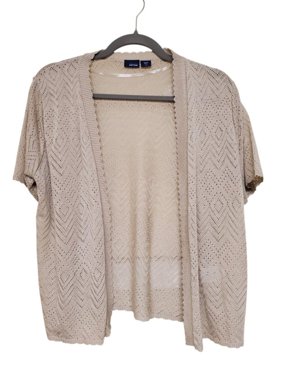 Basic Editions Vintage Women's Beige Pointelle Knit Lagenlook Grandma Cardigan L